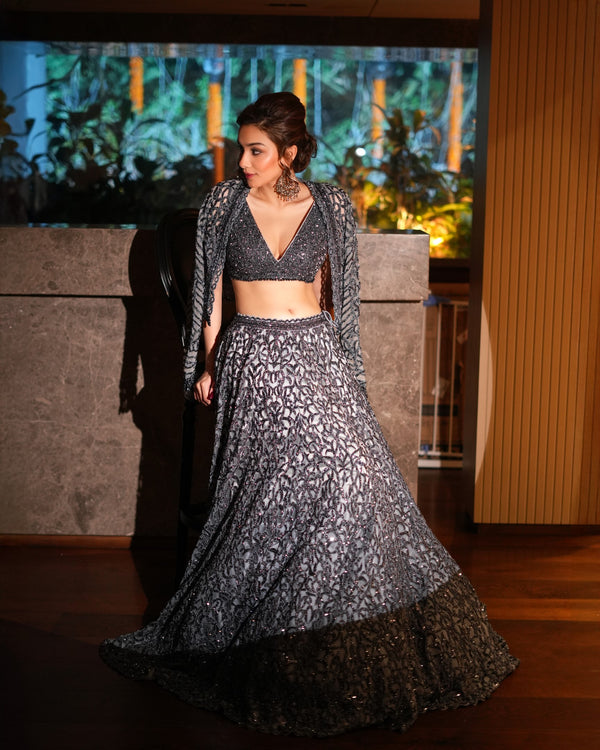 Alfia Jaffery In Stone grey Lehenga Choli Set With Jacket