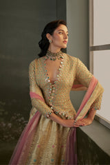 Gold woven benarsi silk lehenga with blouse and dupatta