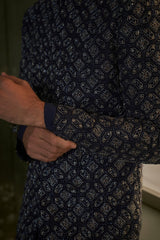 Navy blue Kurta And Churidar With Raw Silk Embroidered Sherwani