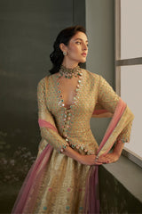 Gold woven benarsi silk lehenga with blouse and dupatta