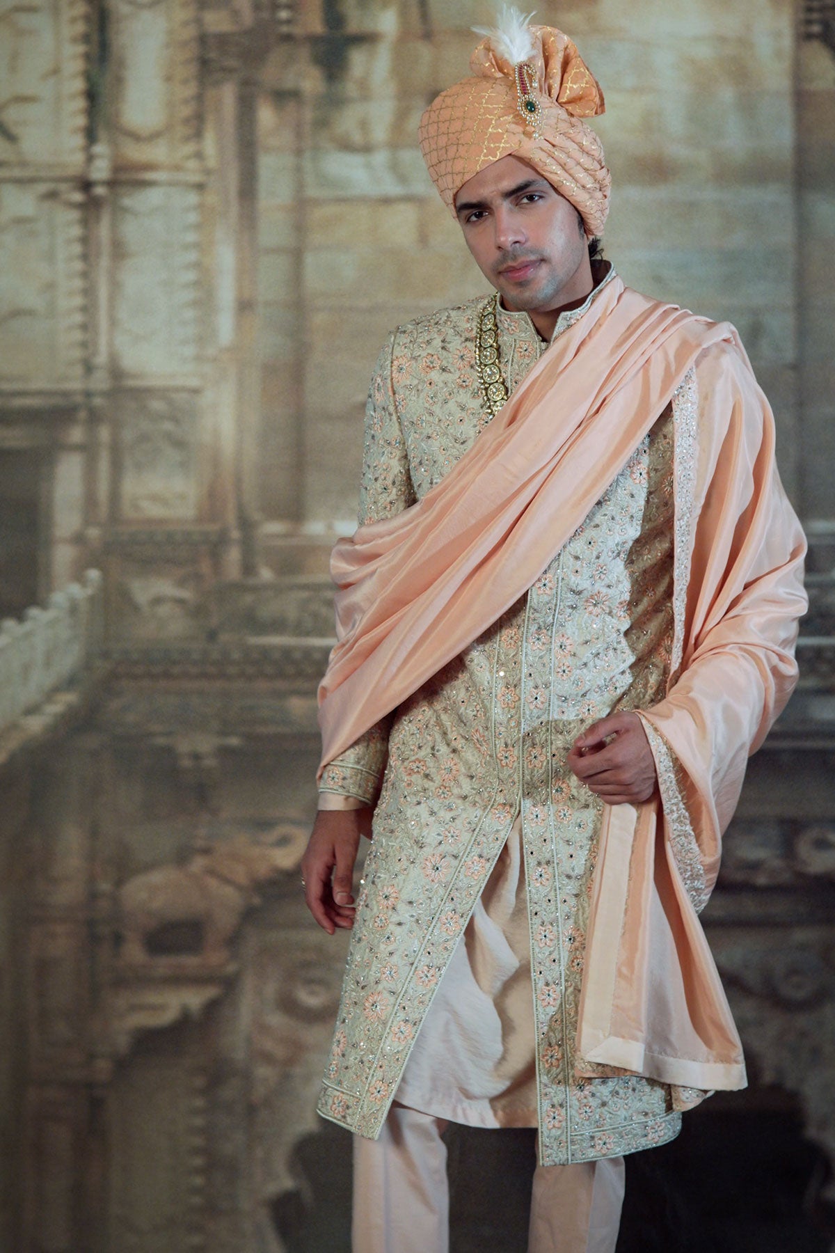 IVORY BROCADE SHERWANI SET