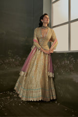 Gold woven benarsi silk lehenga with blouse and dupatta