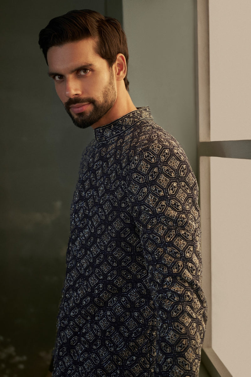 Navy blue Kurta And Churidar With Raw Silk Embroidered Sherwani