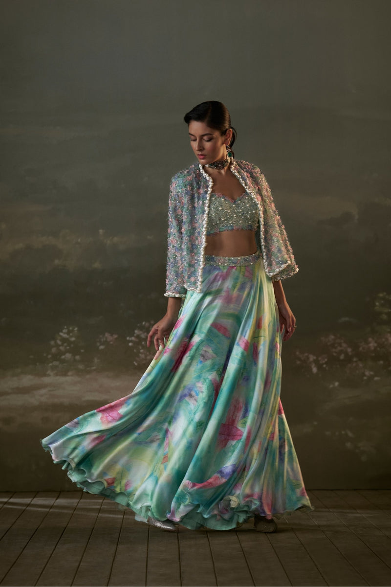 Turquoise Lehenga Choli Set With Jacket