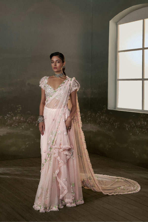 Rose Pink Pre-draped  Saree With Trail