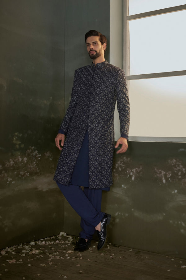 Navy blue Kurta And Churidar With Raw Silk Embroidered Sherwani