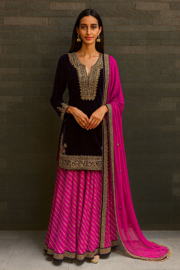 Purple Velvet Shirt Wine Benarsi Sharara Set