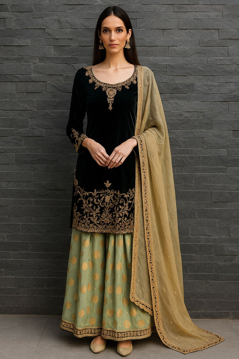 Bottle Green Velvet Sharara Set