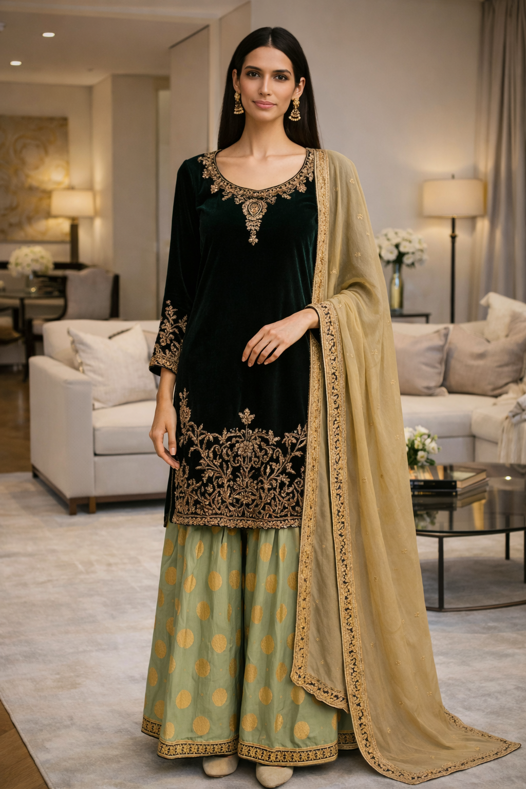 Bottle Green Velvet Sharara Set