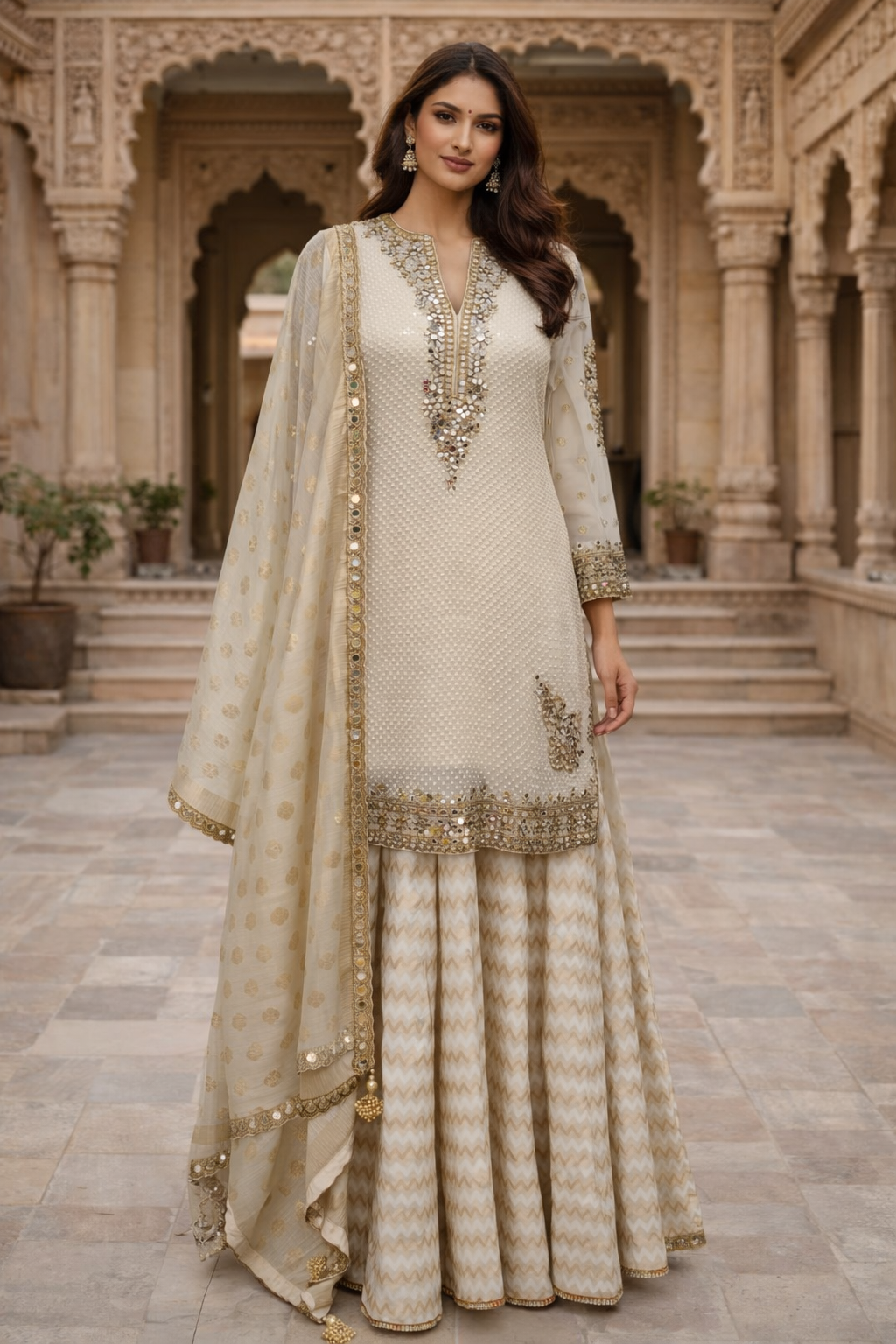 Cream Chanderi Mirror Work Garara Set