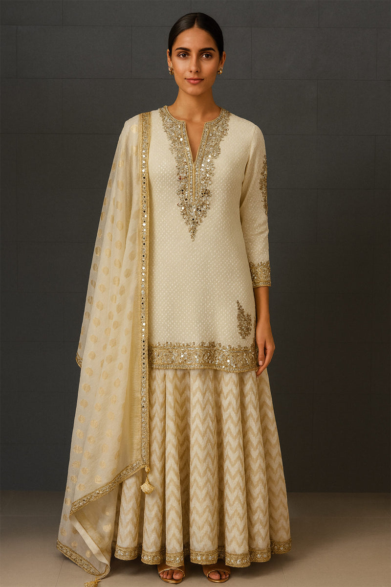 Cream Chanderi Mirror Work Garara Set