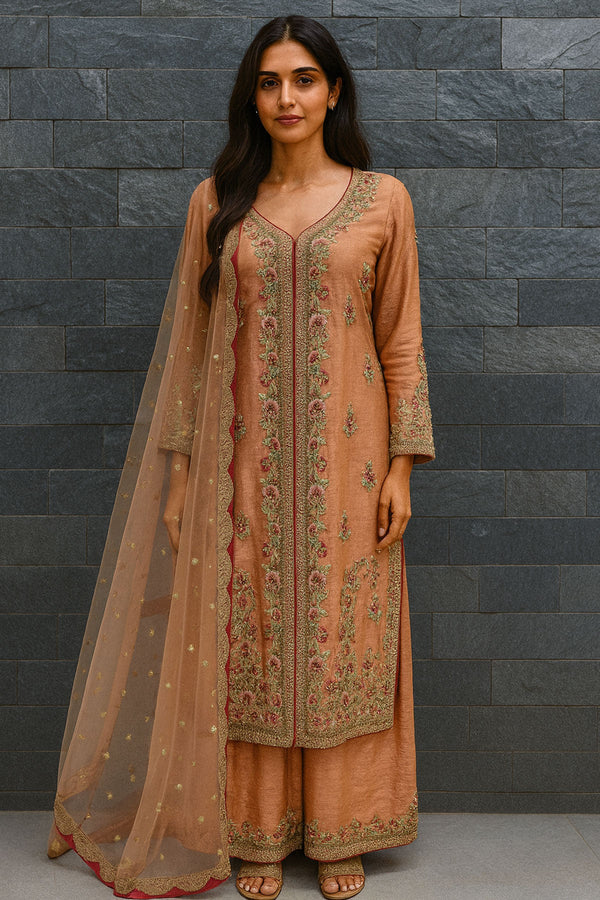 Peach Tanchoi Raw Silk Shirt With Plazo Set