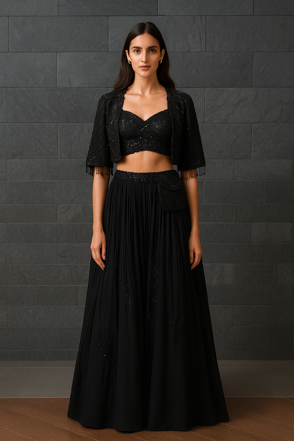 Black Pleated Lehenga Set