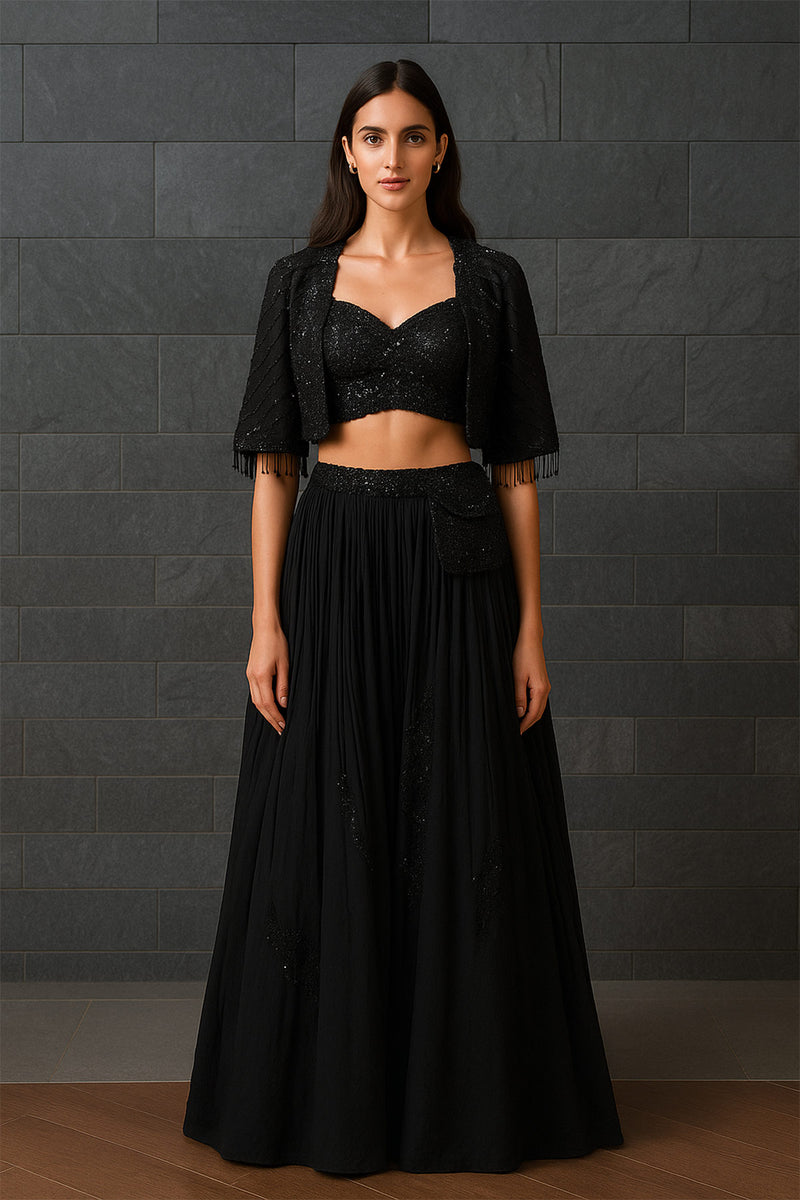 Black Pleated Lehenga Set