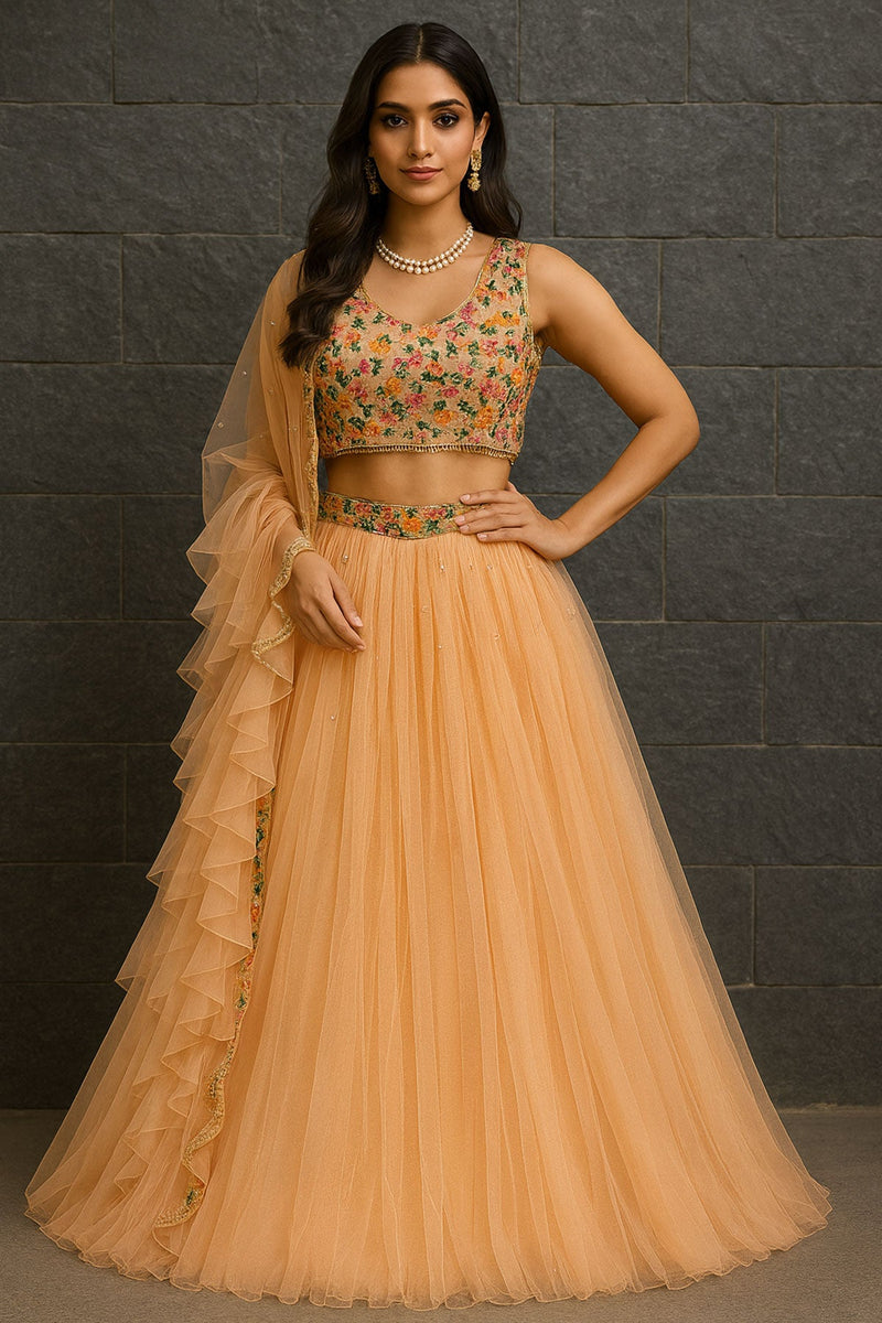 Peach Gathered Lehenga Set