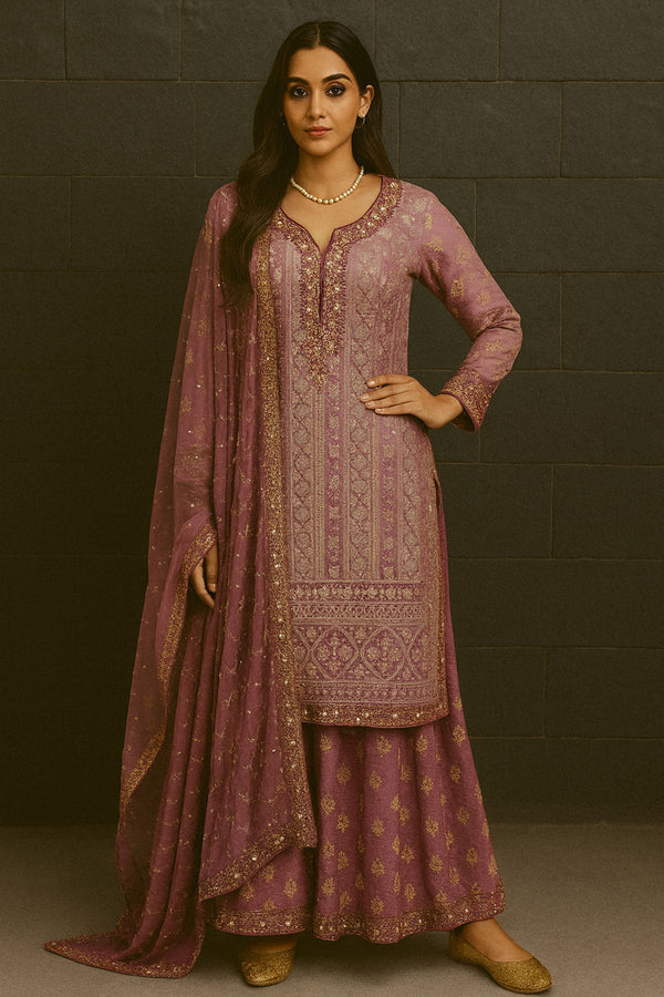 Old Rose Self Embroidered Palazo Set