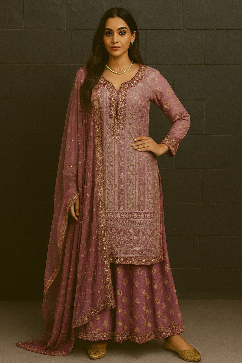 Old Rose Self Embroidered Palazo Set