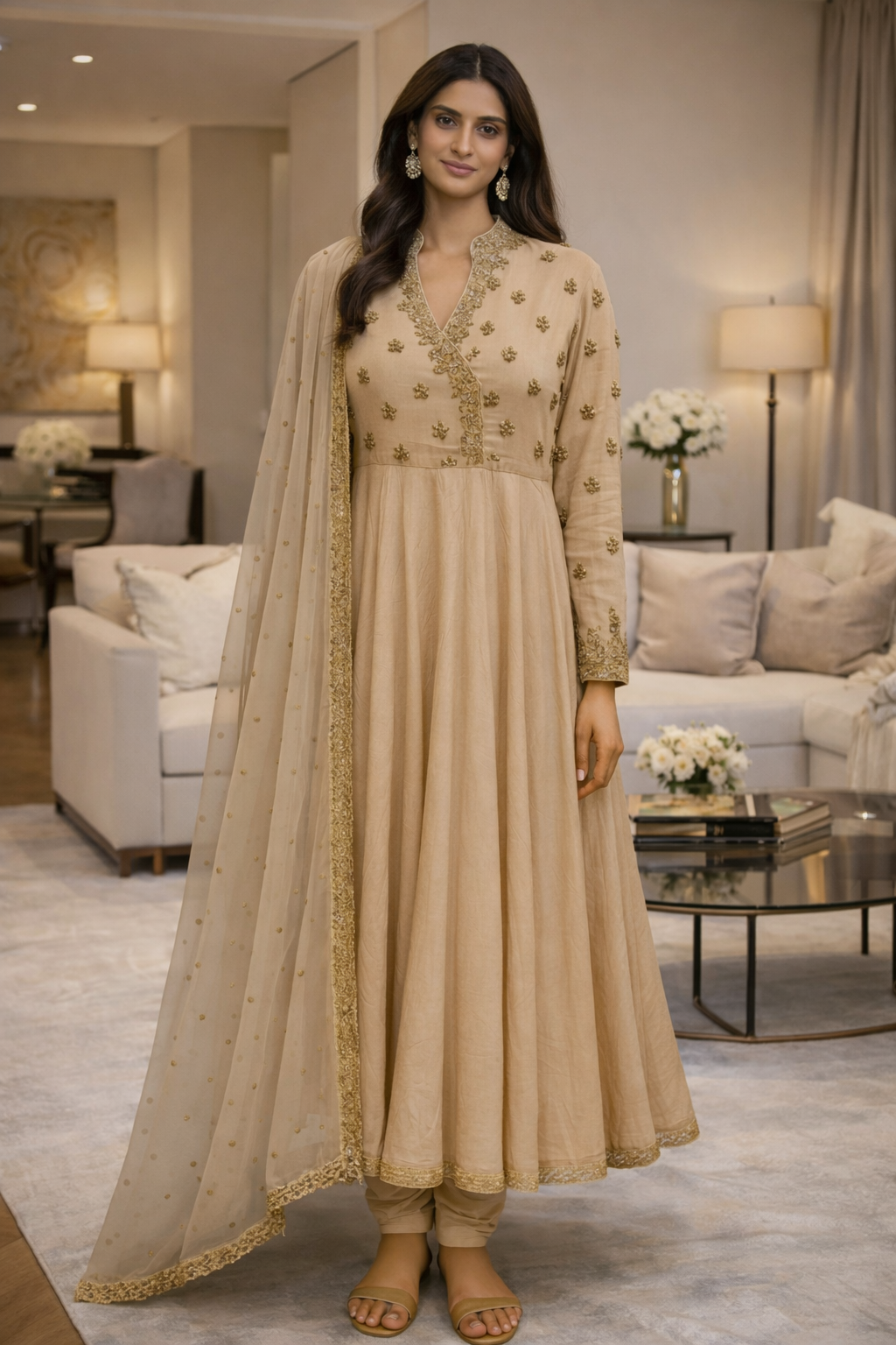 Beige Angrakha Anarkali Set