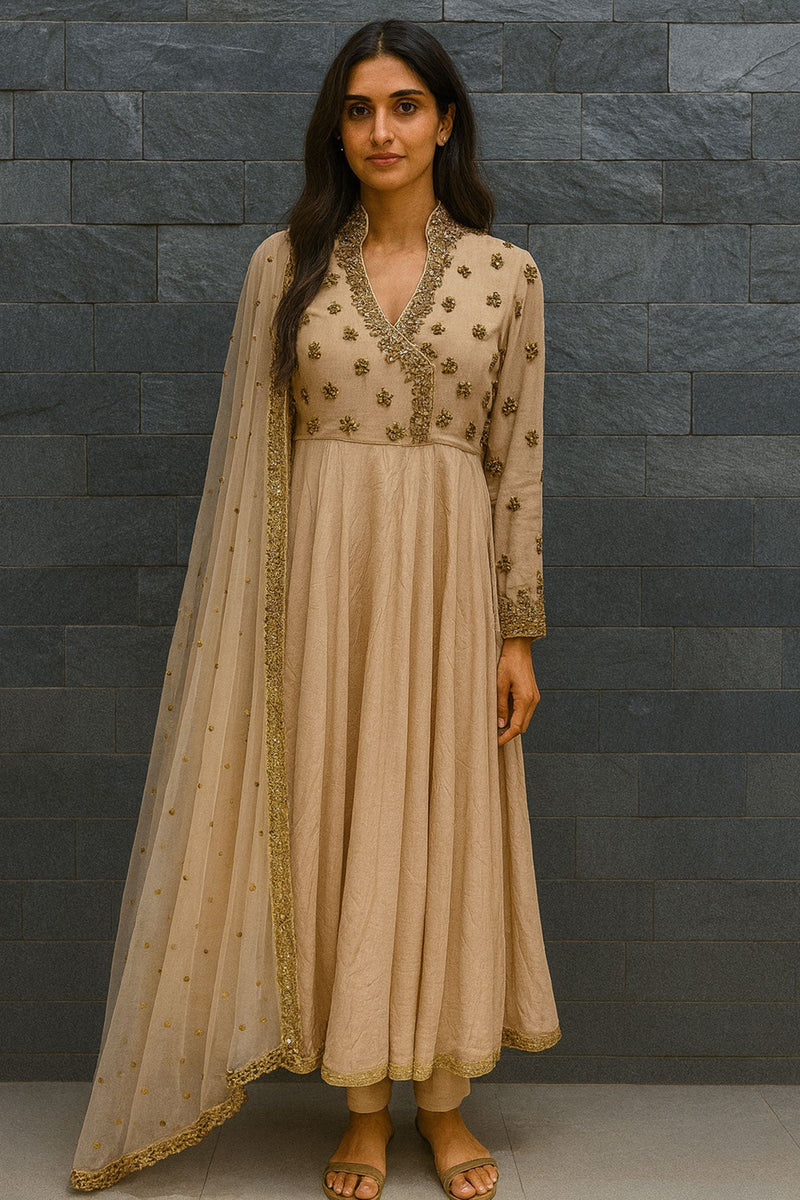 Beige Angrakha Anarkali Set