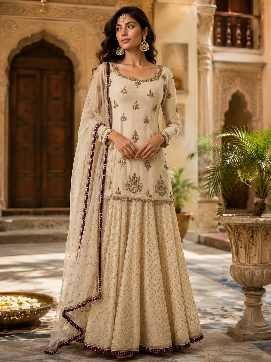 Beige monga shirt zardozi embroidery sharara set