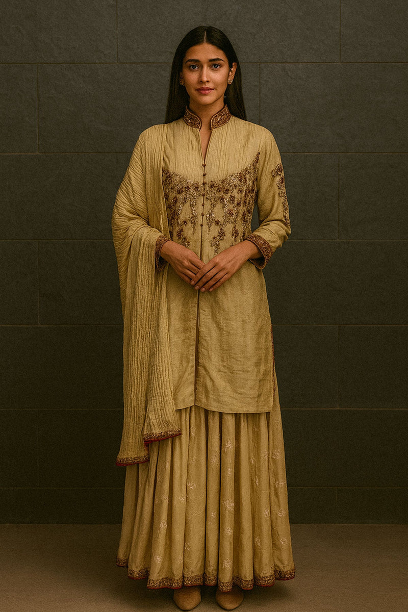 Golden Tissue Sharara Set