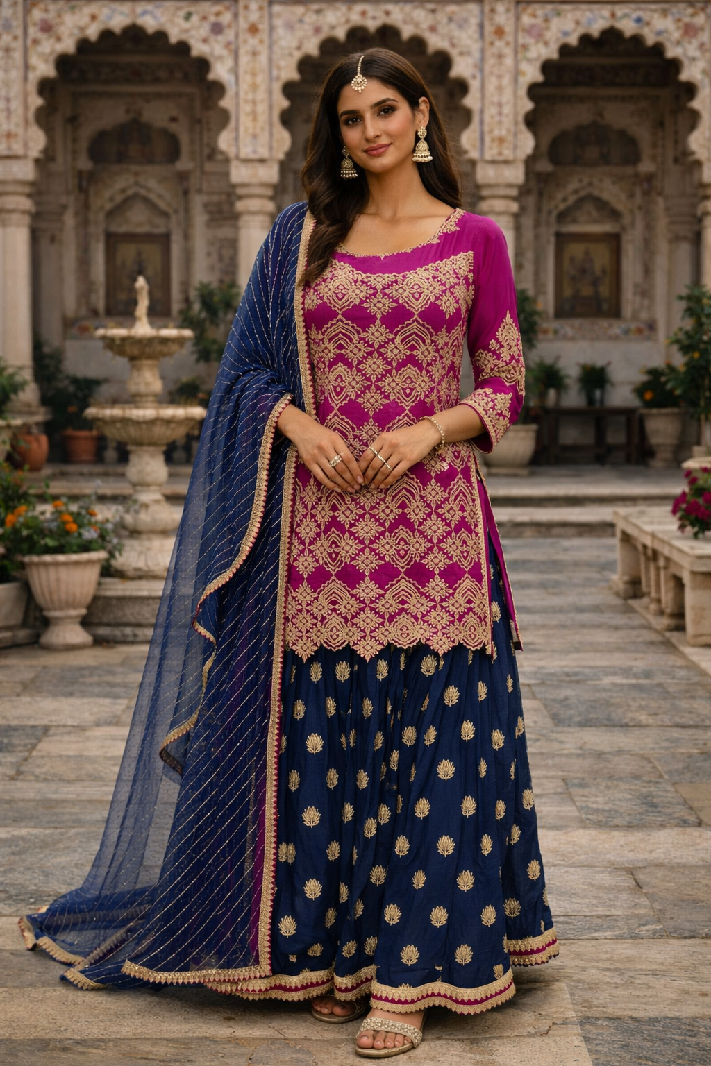 Wine Shirt With Navy Blue Lehenga Set