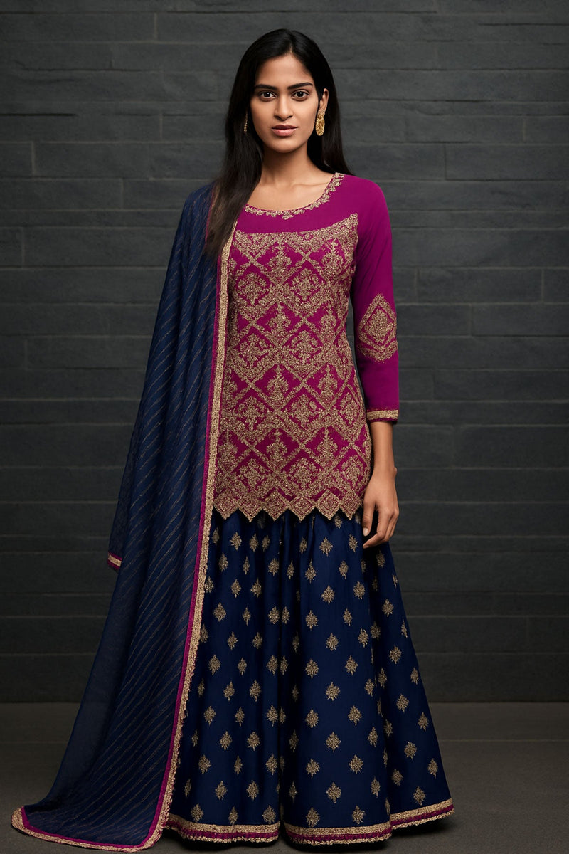 Wine Shirt With Navy Blue Lehenga Set