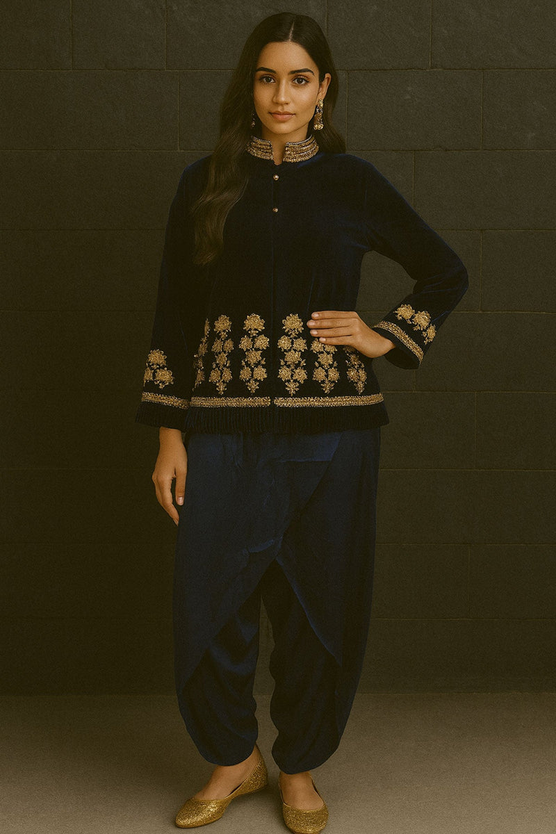 Navy Blue Velvet Jacket With Long Dress