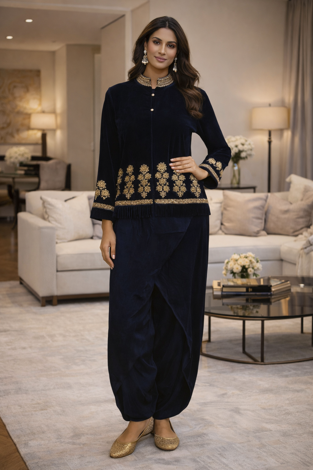 Navy Blue Velvet Jacket With Long Dress