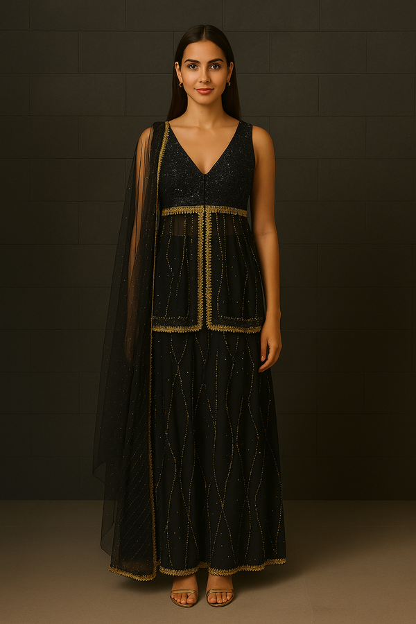 Black And Golden Peplum Sharara Set
