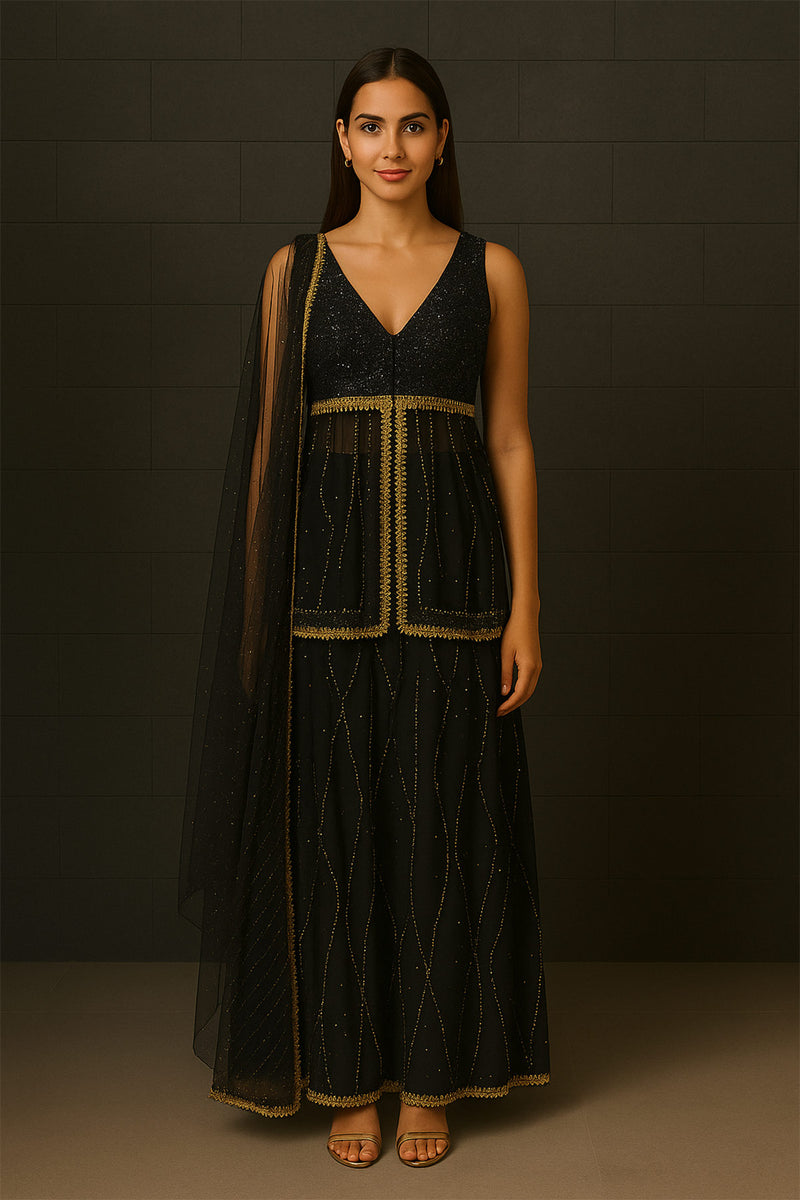 Black And Golden Peplum Sharara Set