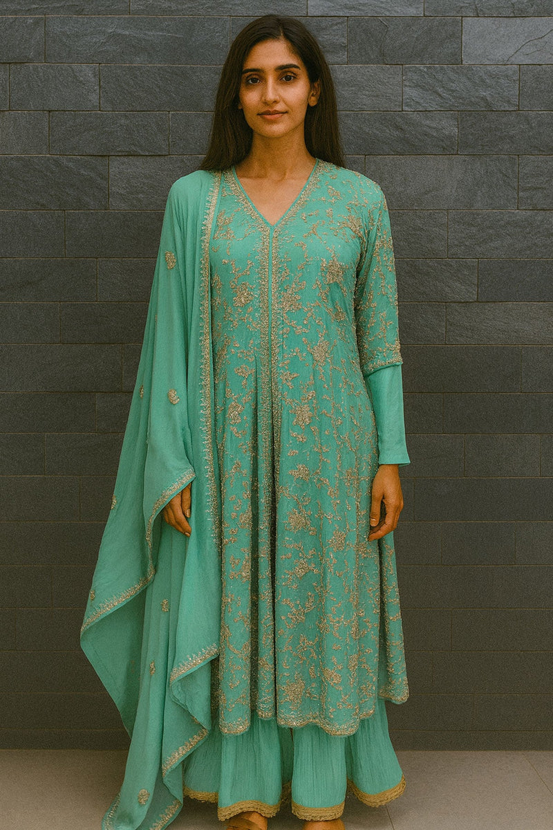 Sea Green Jacket Dress With Chinon Dupatta Set