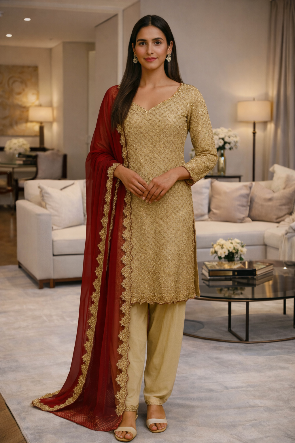 Golden Tissue Suit With Red Organza Dupatta