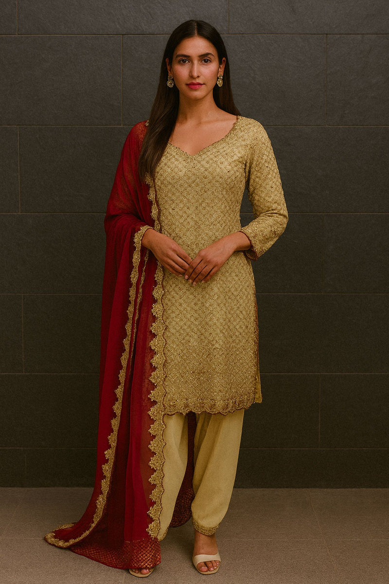 Golden Tissue Suit With Red Organza Dupatta