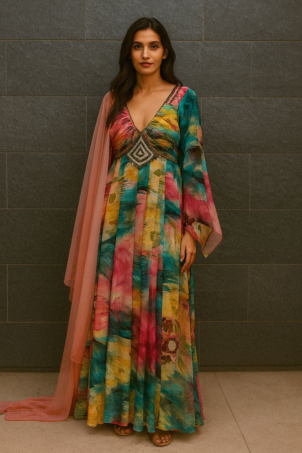 Multi Chinon Anarkali Set