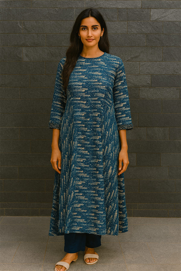 Mid Night Blue Printed Kurta Pant Set