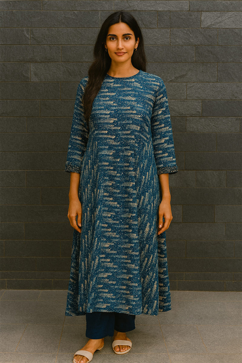 Mid Night Blue Printed Kurta Pant Set