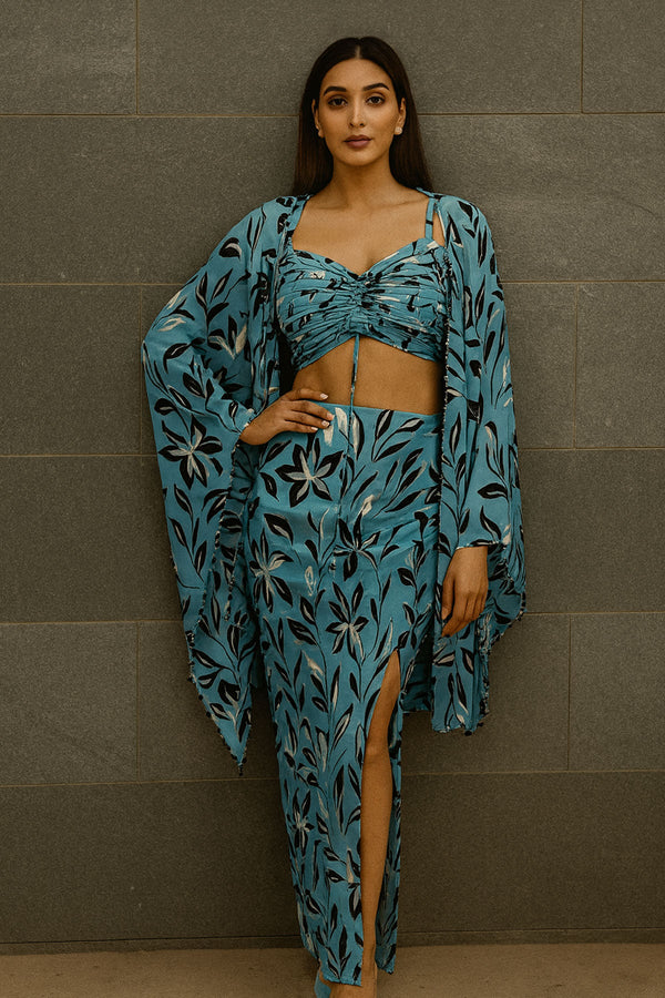 Blue Printed Satin Dhoti Skirt Jacket  Set