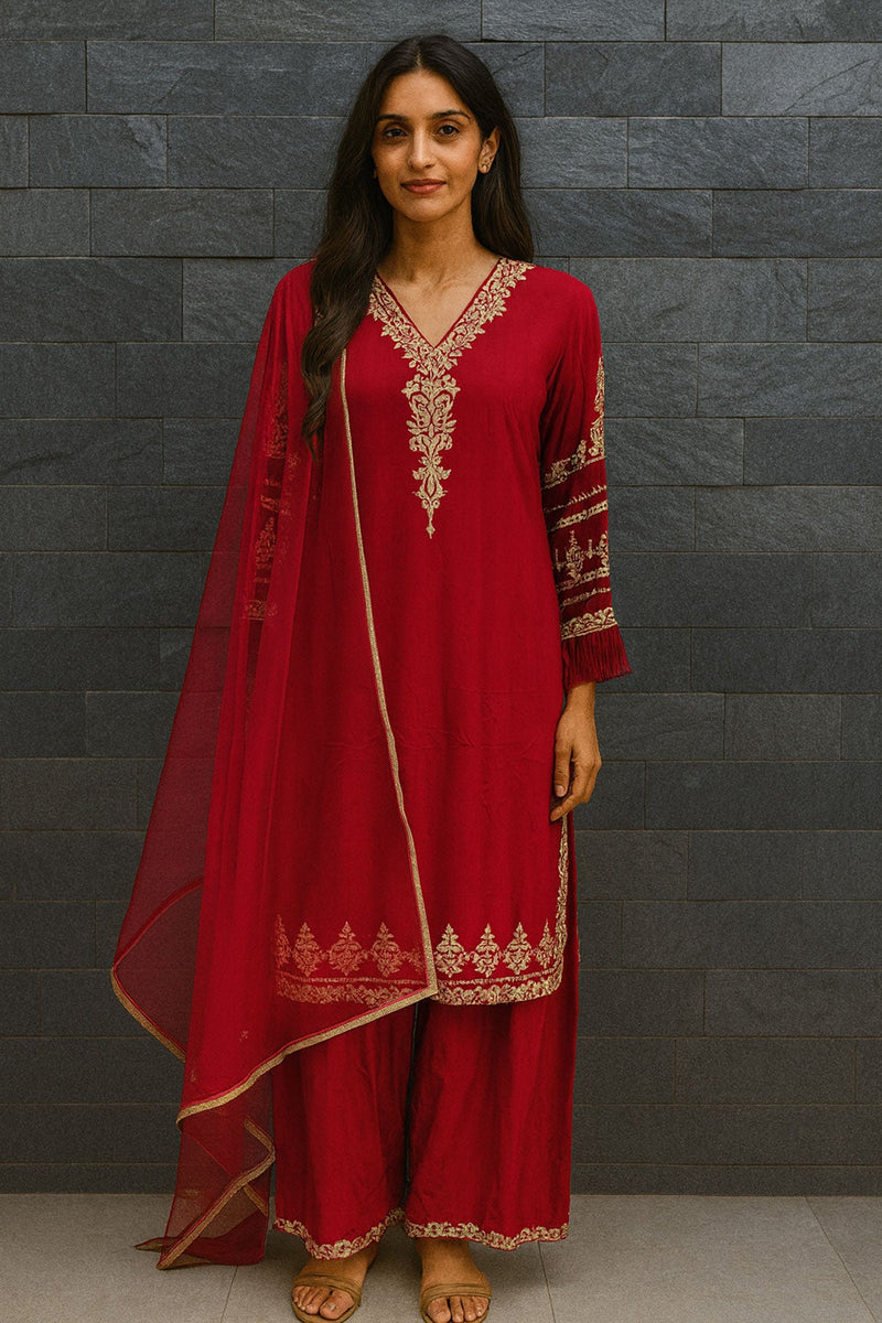 Red Suit With Frill Palazzo Set
