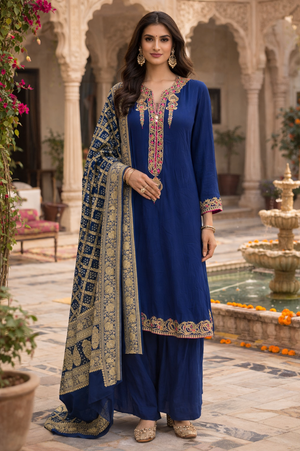 Navy Blue Suit With Gharchola Dupatta Set
