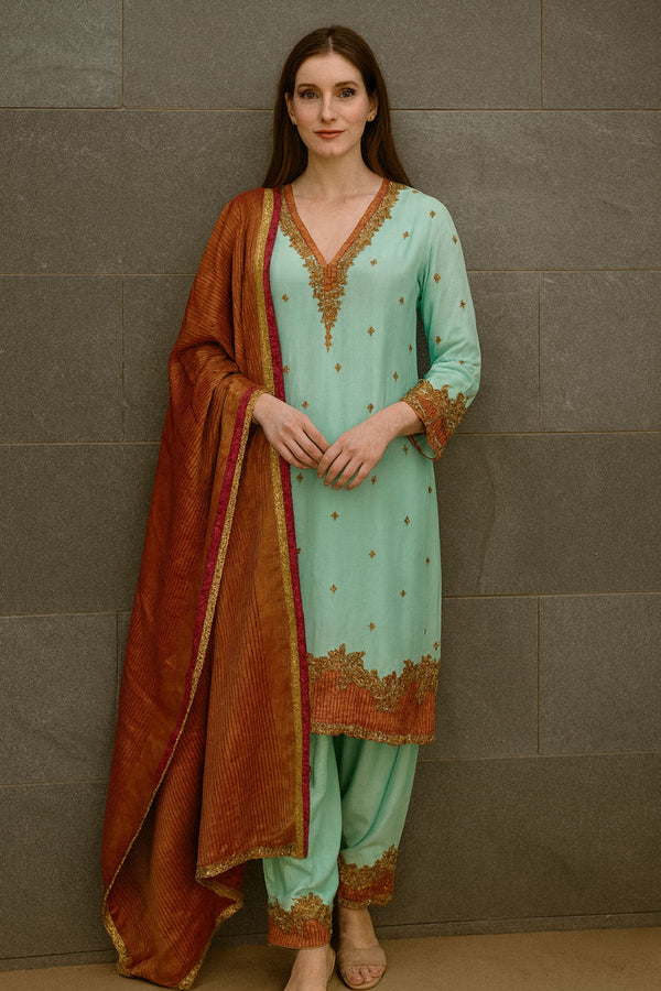 Aqua Silk Suit With Maroon Tissue Dupatta Set