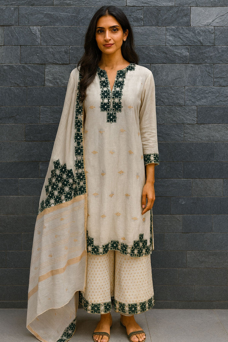 Cream Suit Green Brocade Applique Work Set