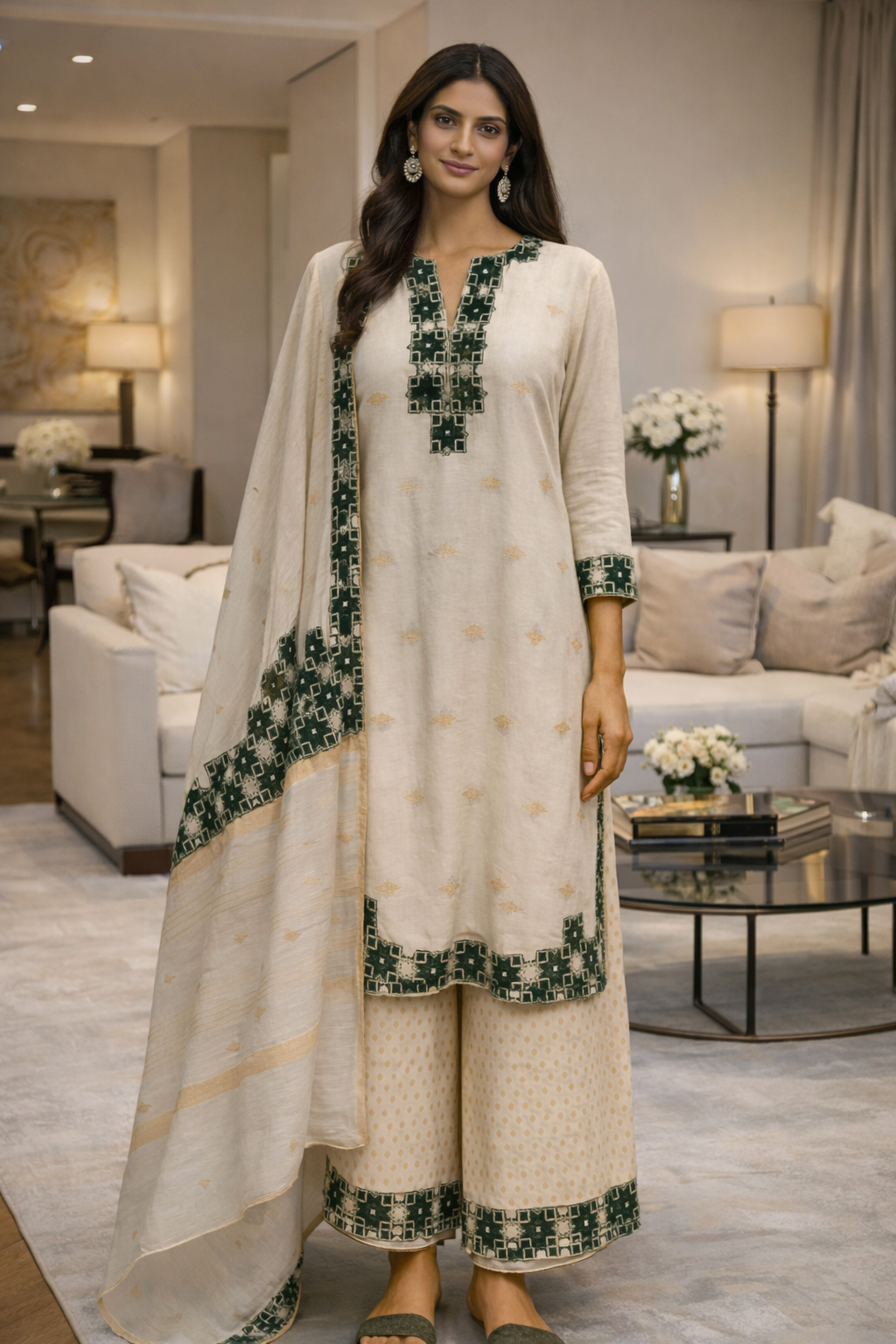 Cream Suit Green Brocade Applique Work Set