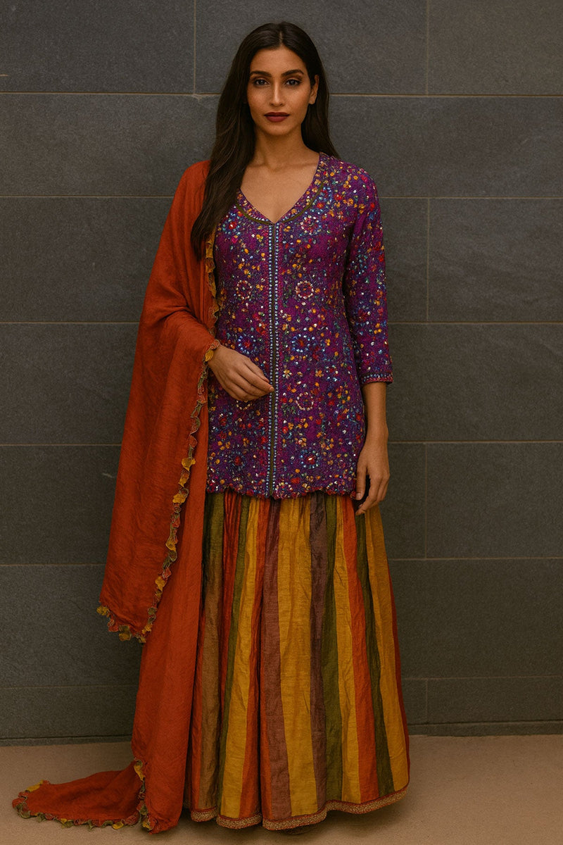 Purple Tissue Kurta With Crushed Dupatta Set