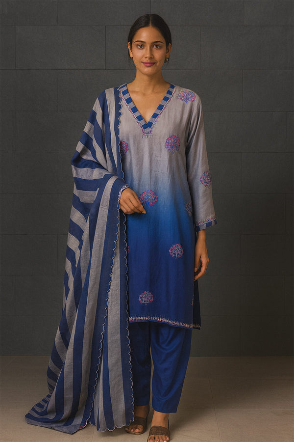 Grey Blue Shaded Shirt With Dhoti Salwar
