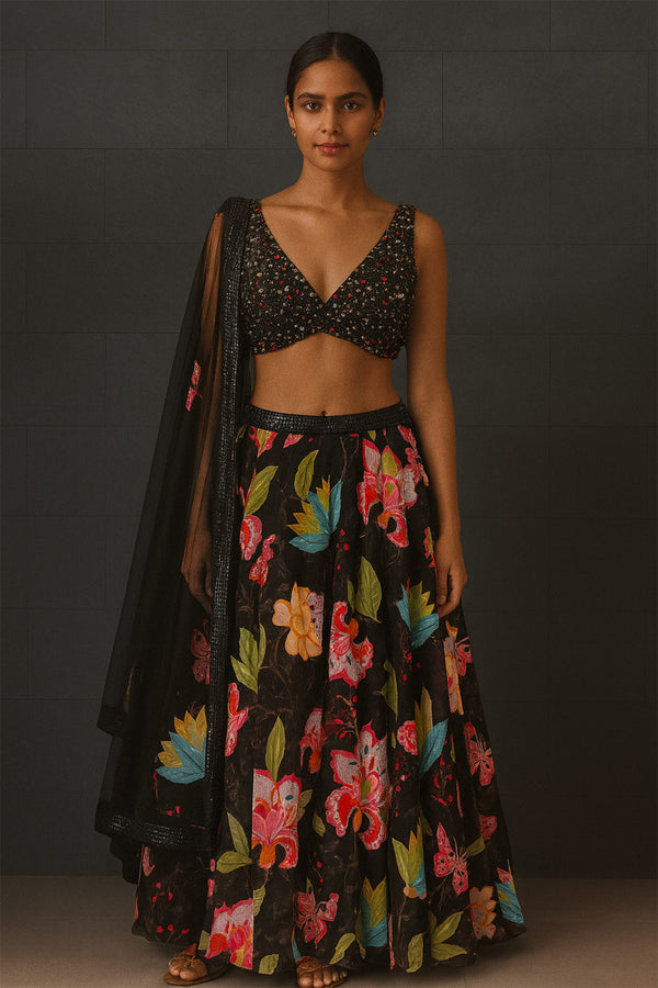 Black Printed Organza Lehenga Choli Set