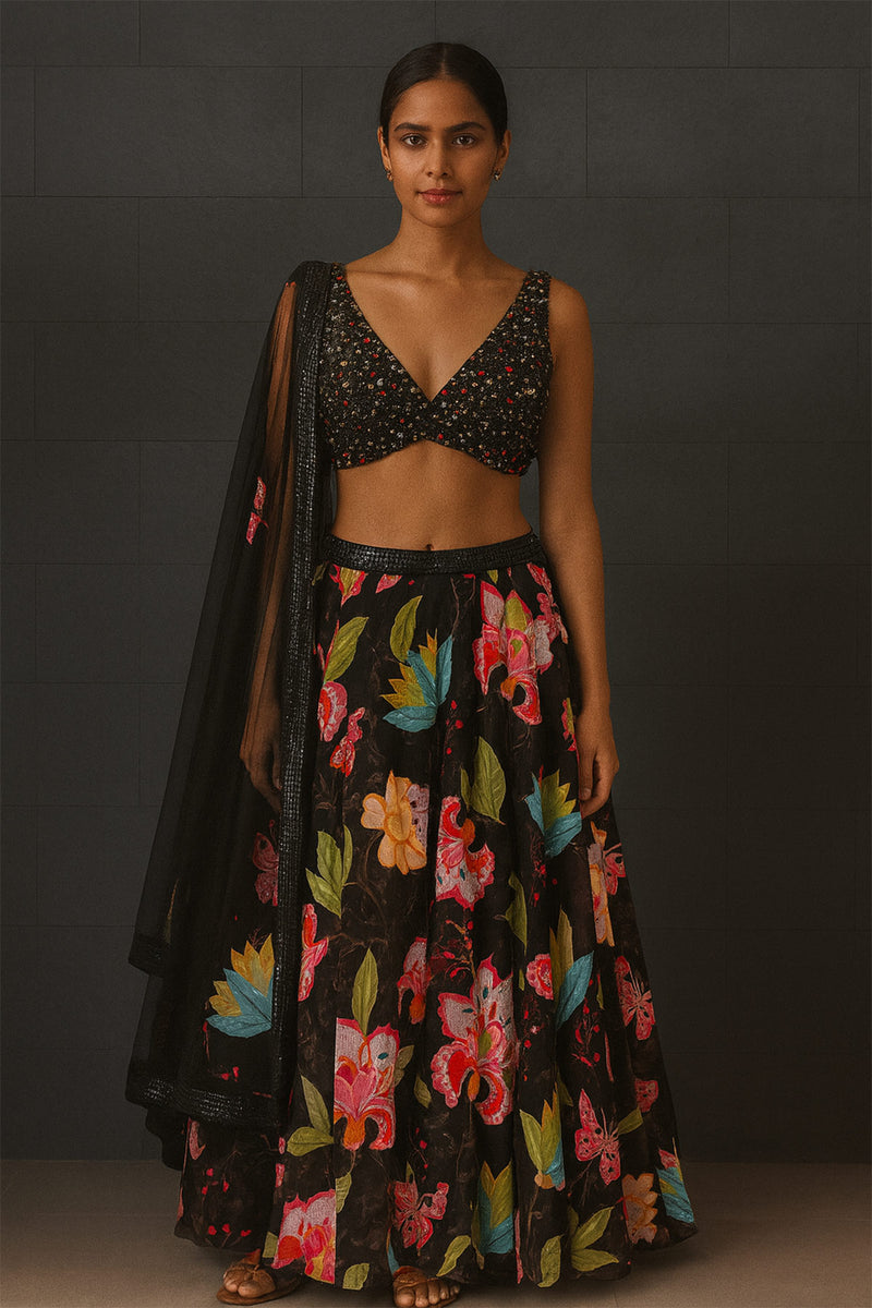 Black Printed Organza Lehenga Choli Set