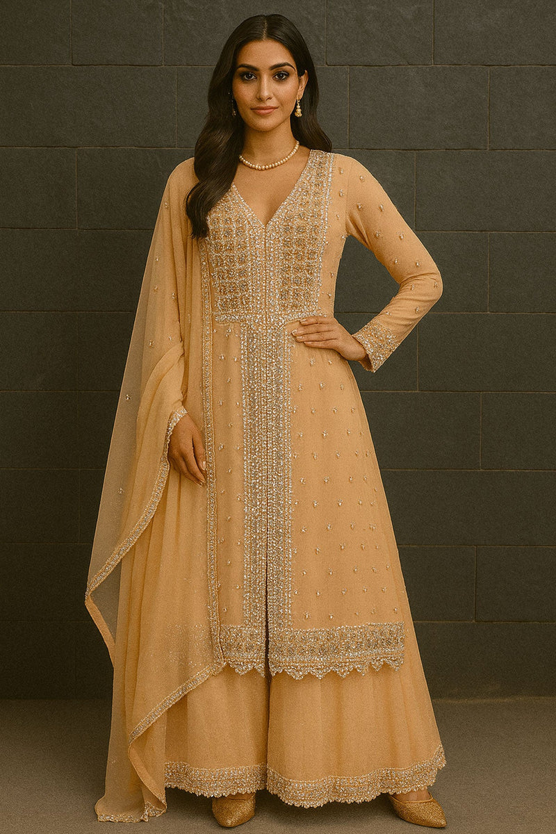 Peach Sequence Work Jacket With Palazo Set