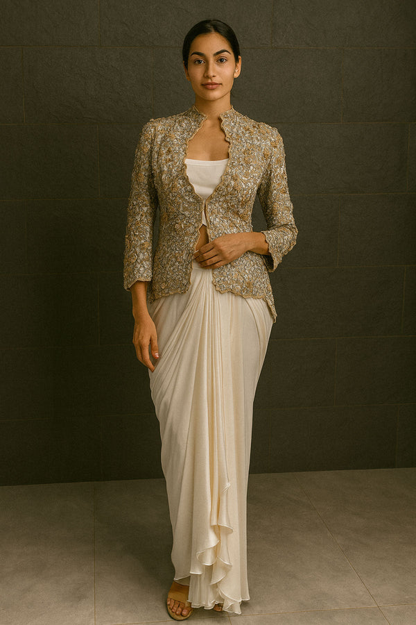 Ivory Tafta Jacket Satin Skirt Set