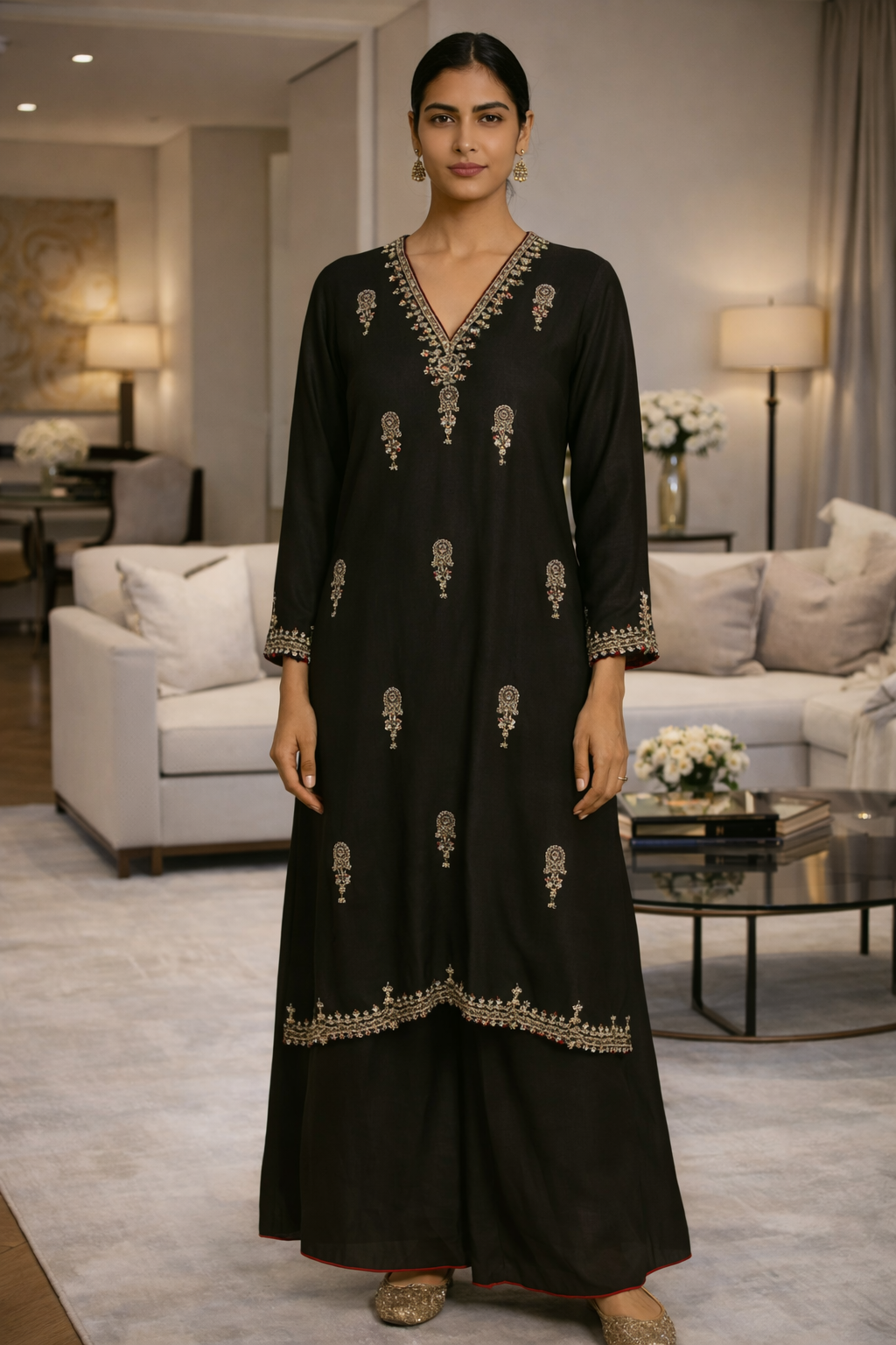 Black Dupion Silk Suit With Salwar Dupatta Set